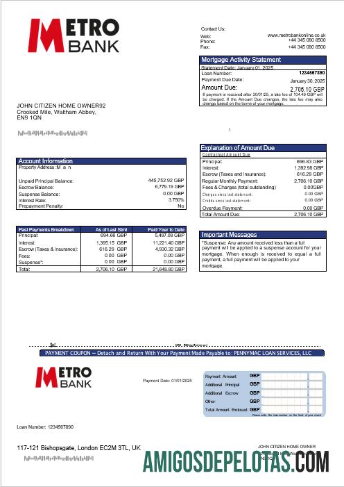 Extrato de hipoteca do Metro Bank do Reino Unido em formatos Word e PDF baixar para verificação